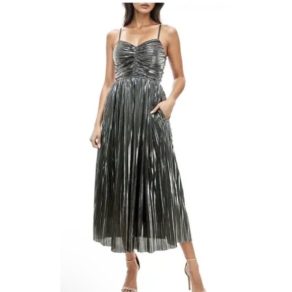 Socialite Metallic Midi Dress Silver Pleated XS NWT Ruched Bodice Holiday Party - Picture 1 of 13